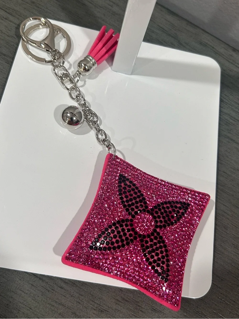 Pink Rhinestone Keychain/Bag Charm with Black Flower Motif